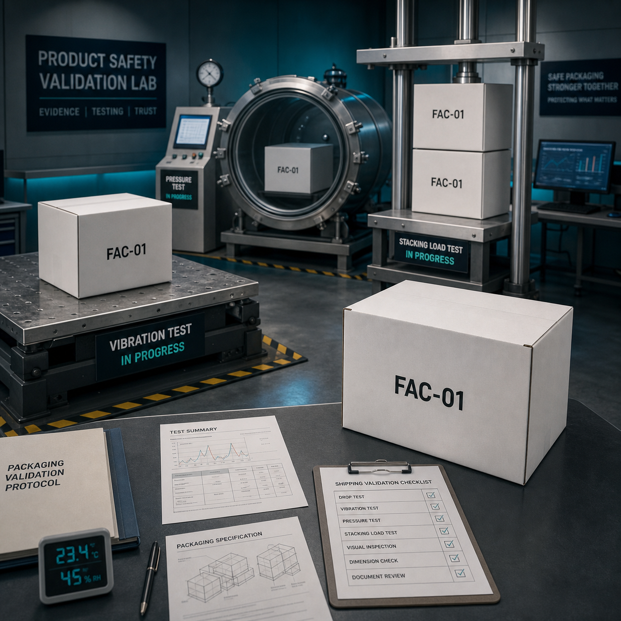 cinematic 3D FAC01 transport testing cover showing neutral medical shipping validation lab cartons pressure vibration stacking and inspection documents