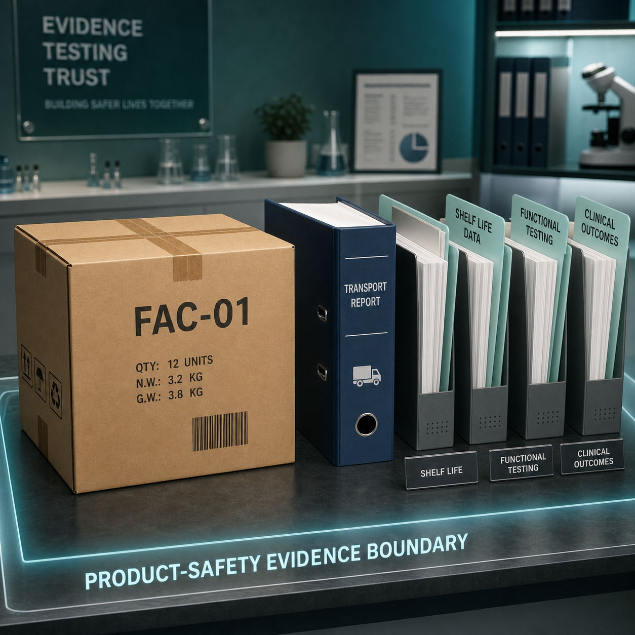 cinematic 3D shipping readiness evidence boundary scene showing report folder labeled FAC01 and sealed neutral medical carton