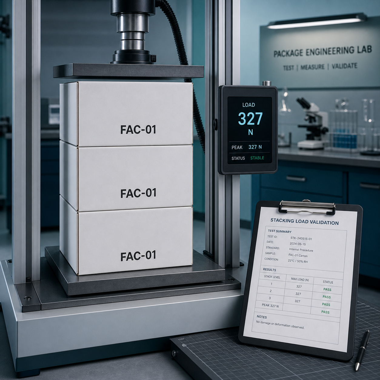 cinematic 3D FAC01 package stacking load validation scene with controlled cartons and inspection log
