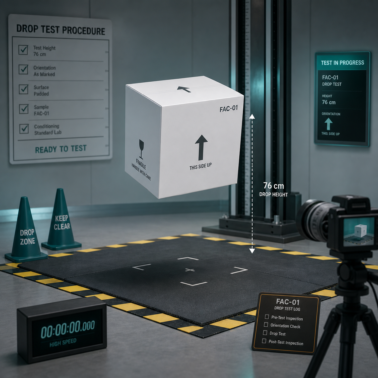 cinematic 3D FAC01 shipping drop test package integrity scene with protected carton and lab floor markings