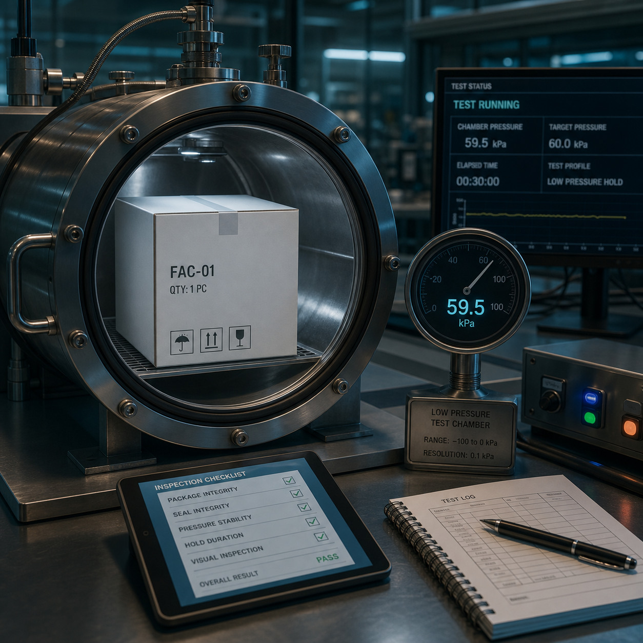 cinematic 3D FAC01 low pressure transport test chamber scene with neutral medical shipping carton and lab instruments