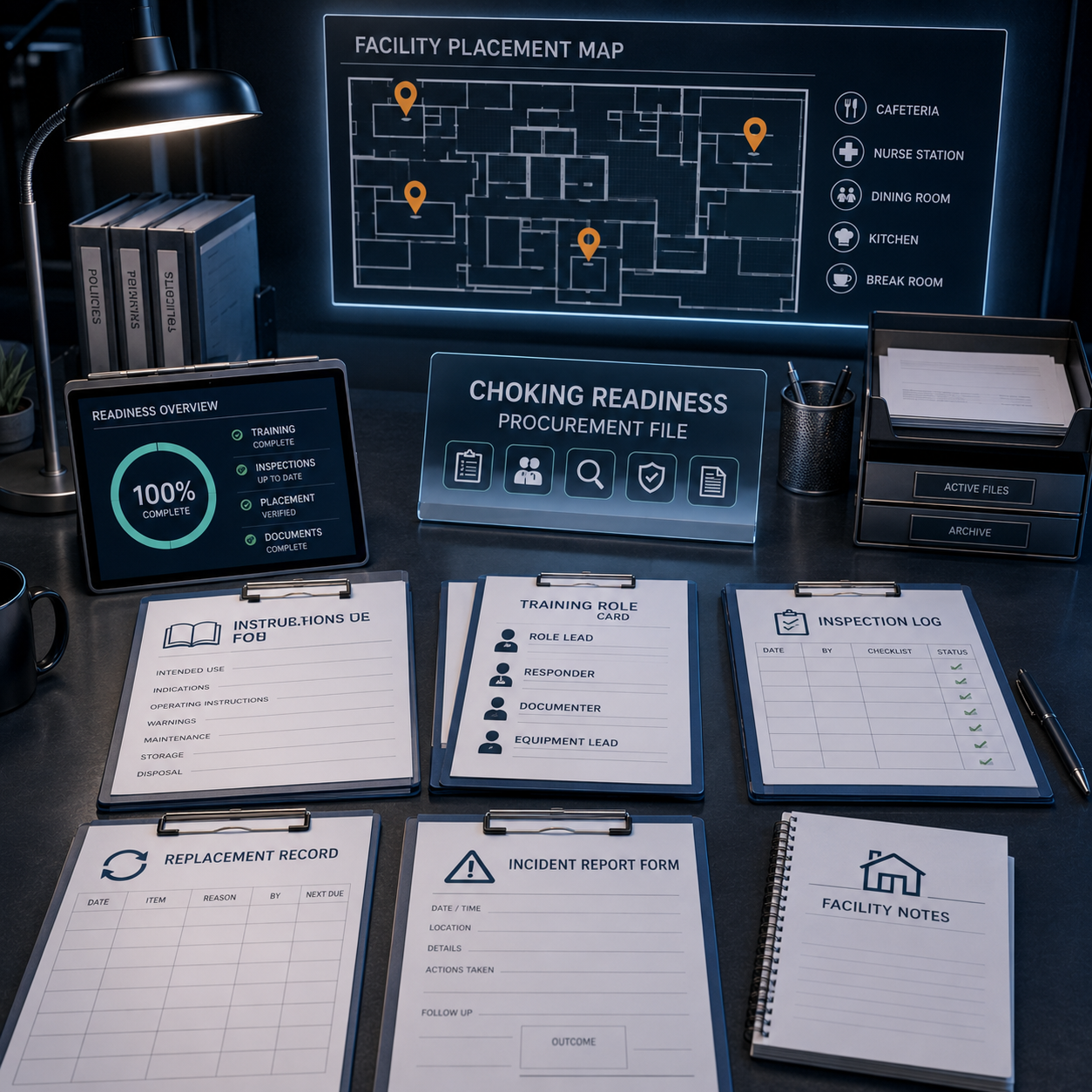cinematic 3D facility choking readiness procurement file with IFU labels training and placement records