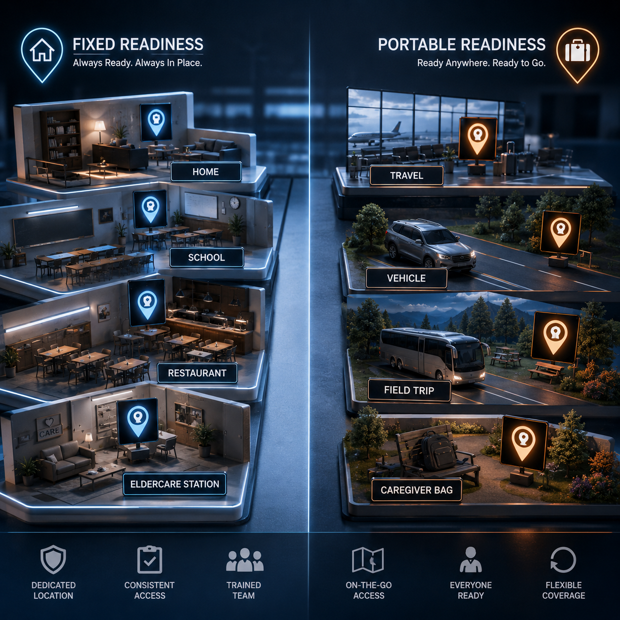 cinematic 3D fixed-location and portable second-line choking readiness staging map without visible product depiction