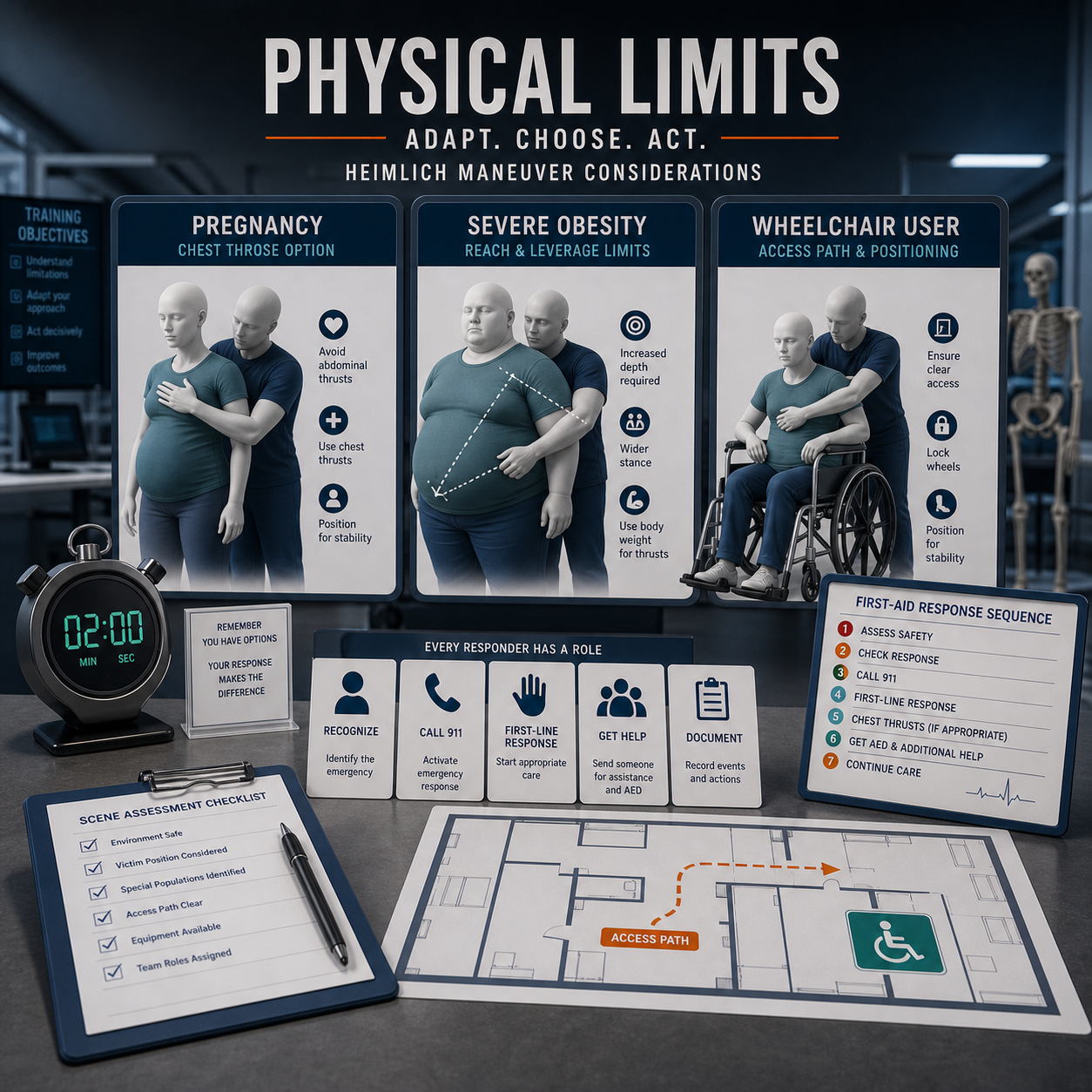cinematic 3D medical training scene showing Heimlich maneuver physical limits for pregnancy obesity and wheelchair users