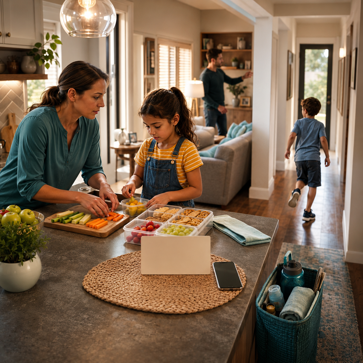 cinematic 3D home choking readiness for kids cover showing kitchen island snack zones family response roles and emergency address card