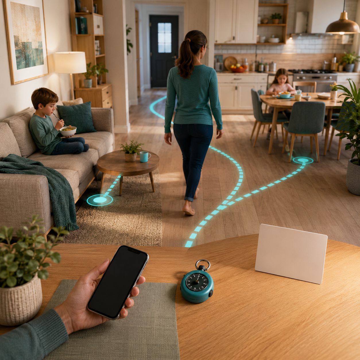 cinematic 3D home eating zone walk test for kids showing timer phone address card readiness setup and clear path from couch and kitchen