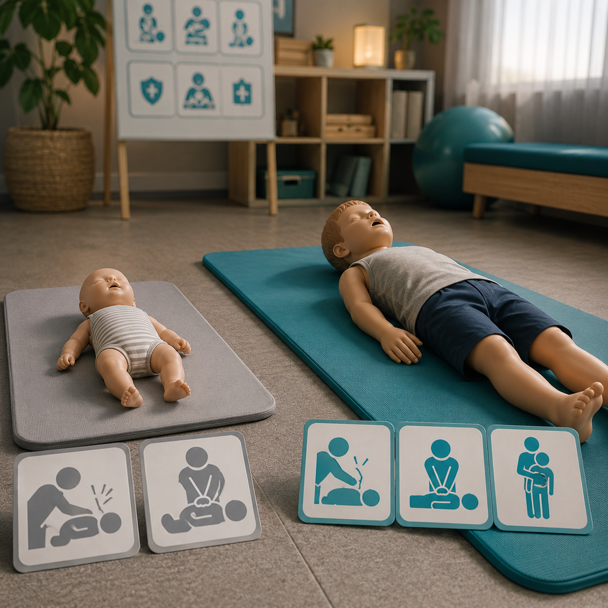 cinematic 3D infant and child choking first aid training scene showing separate age cards for back blows chest thrusts and abdominal thrusts without distress imagery