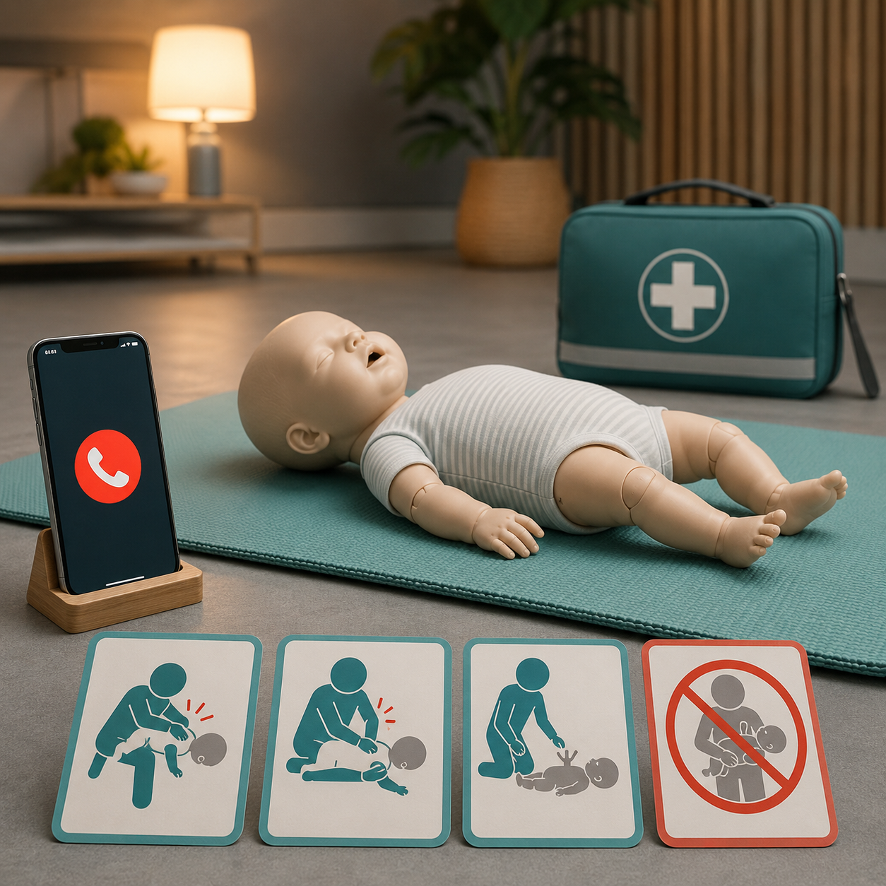 cinematic 3D infant choking first aid sequence training scene showing 911 back blows chest thrusts CPR readiness and no abdominal thrust symbol without distress imagery