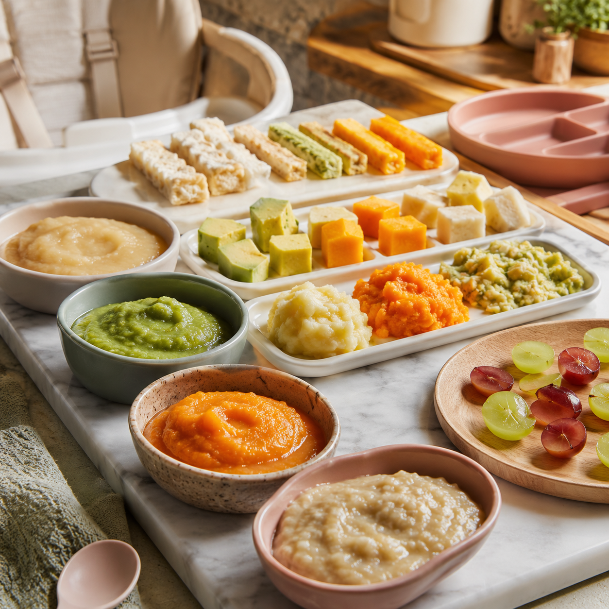cinematic 3D infant food texture and size preparation scene showing purees soft foods sliced grapes warning tray and developmental feeding stages