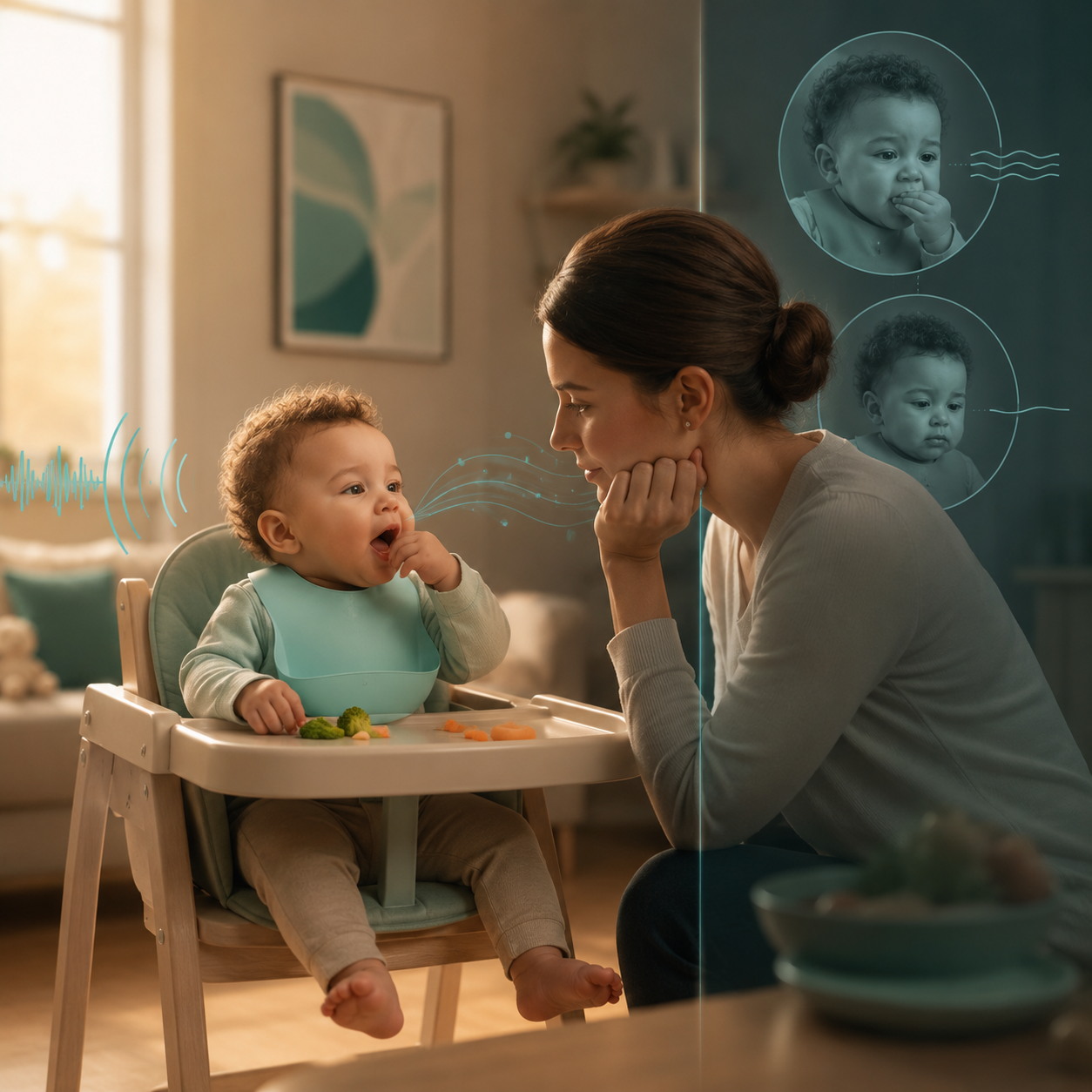 cinematic 3D infant gagging versus choking awareness scene showing caregiver listening for cough cry and quiet warning signs in a safe feeding space