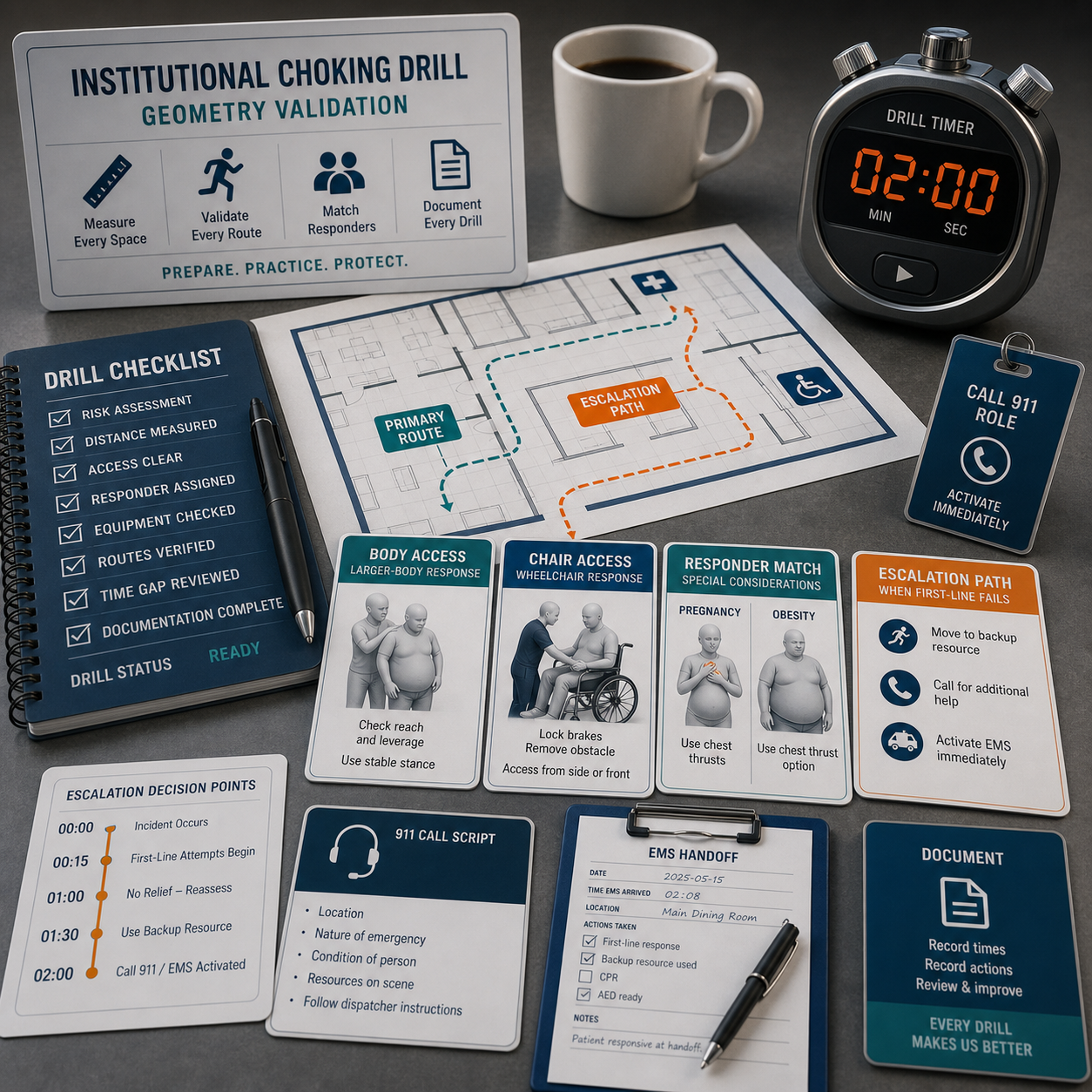 cinematic 3D institutional choking drill validation checklist for body access chair access responder match and escalation path