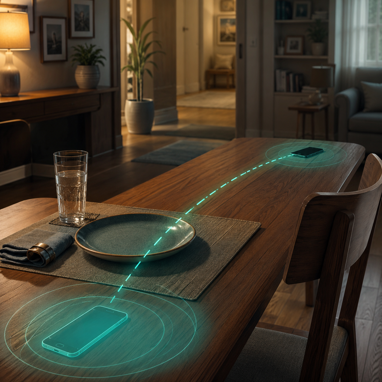 cinematic 3D living alone rescue chain gap scene showing dining table phone distance and emergency response layers