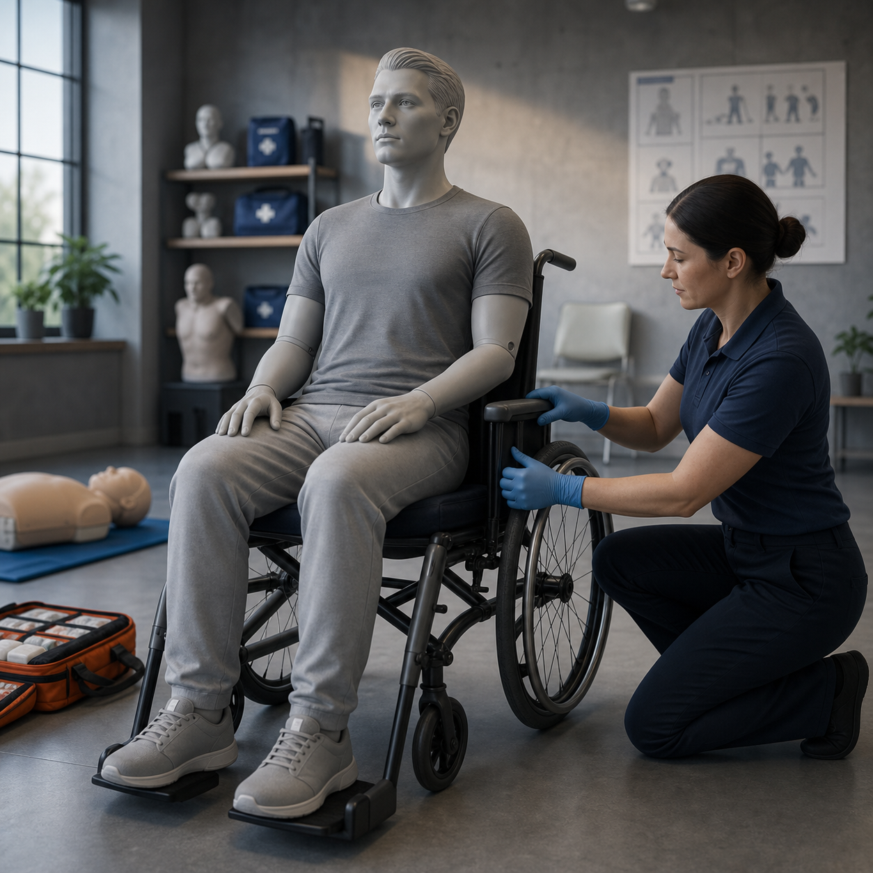 cinematic 3D wheelchair first aid training scene showing responder access geometry and manual rescue limitations without distress