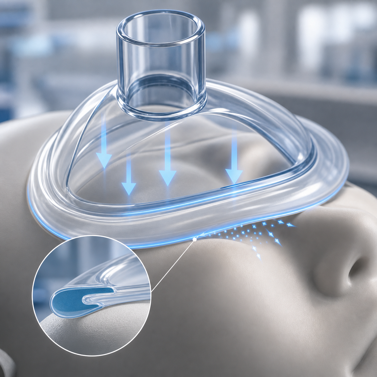 cinematic 3D silicone mask edge compliance and suction seal diagram with leak path markers