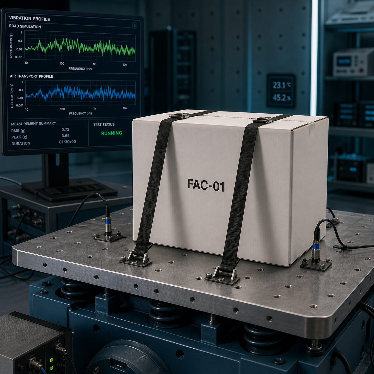 cinematic 3D medical device package vibration testing scene with neutral carton on vibration table