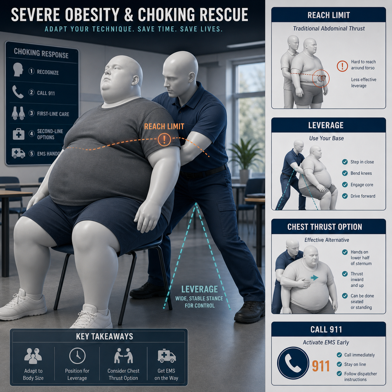 cinematic 3D severe obesity choking rescue reach and leverage limitation training diagram