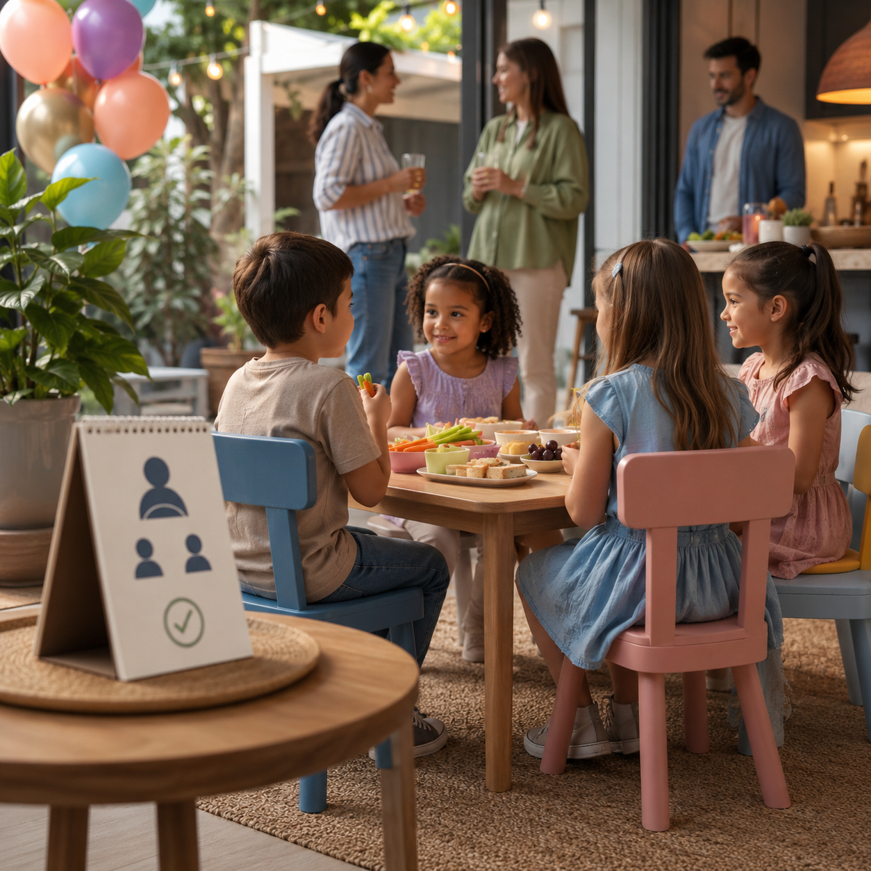 cinematic 3D family party snack safety scene showing seated eating rule caregiver roles and children away from running with food