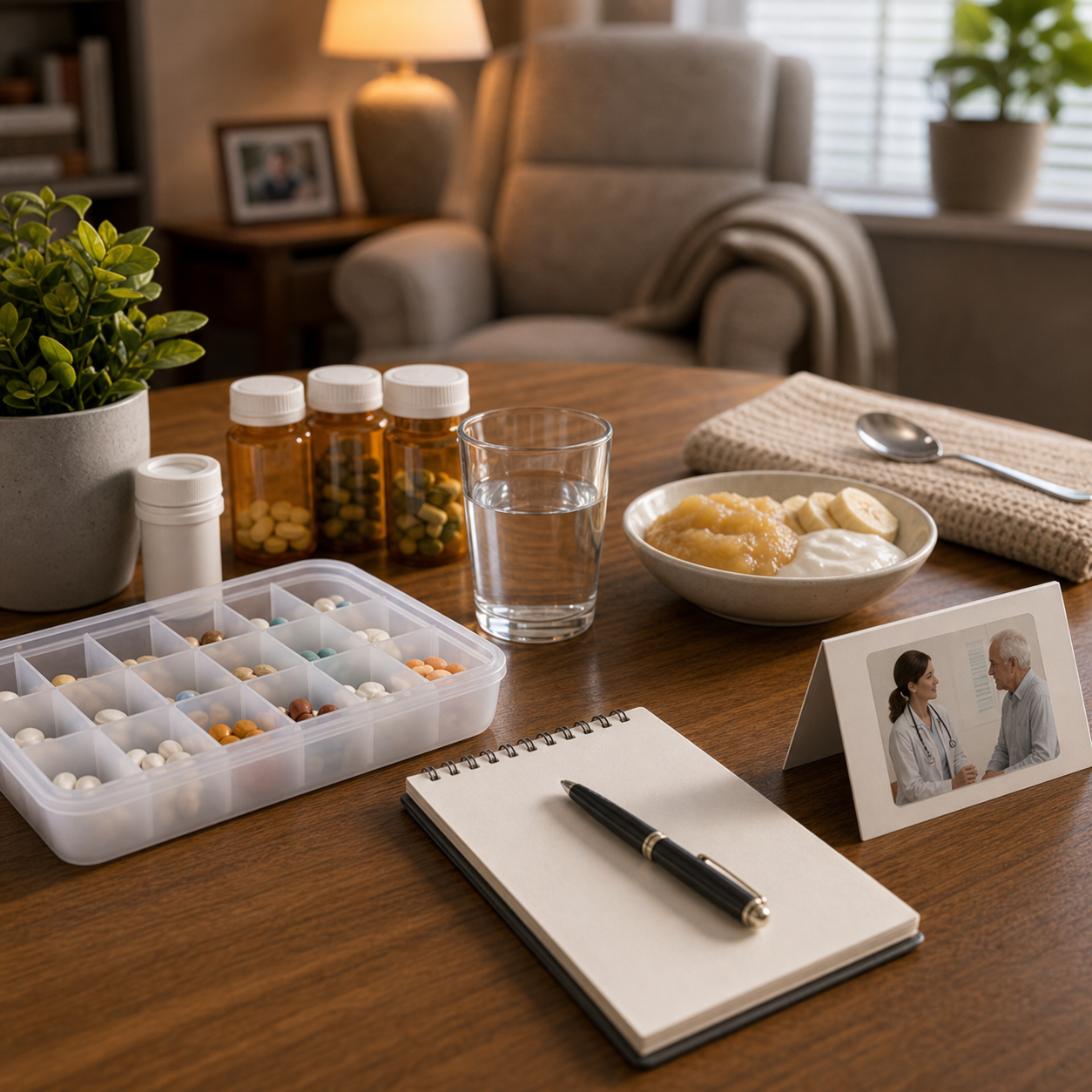 cinematic 3D pill swallowing risk scene for older adults showing pill organizer clinician note water and care plan review