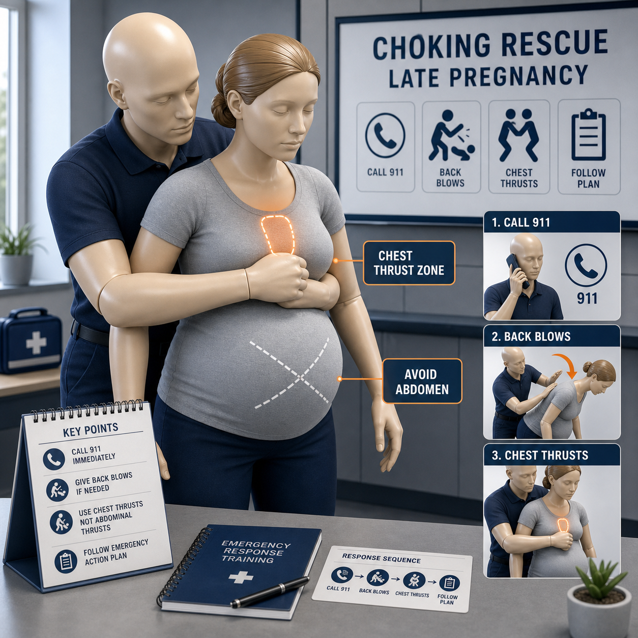 cinematic 3D pregnancy choking rescue training scene showing chest-thrust zone and safe responder positioning