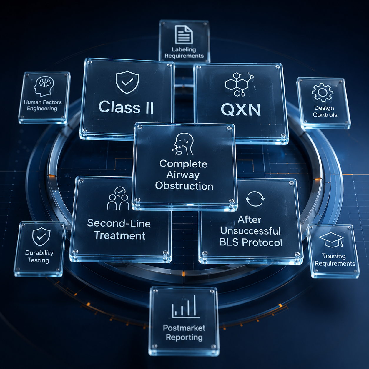 cinematic 3D QXN Class II regulatory map for suction anti-choking device authorization verification