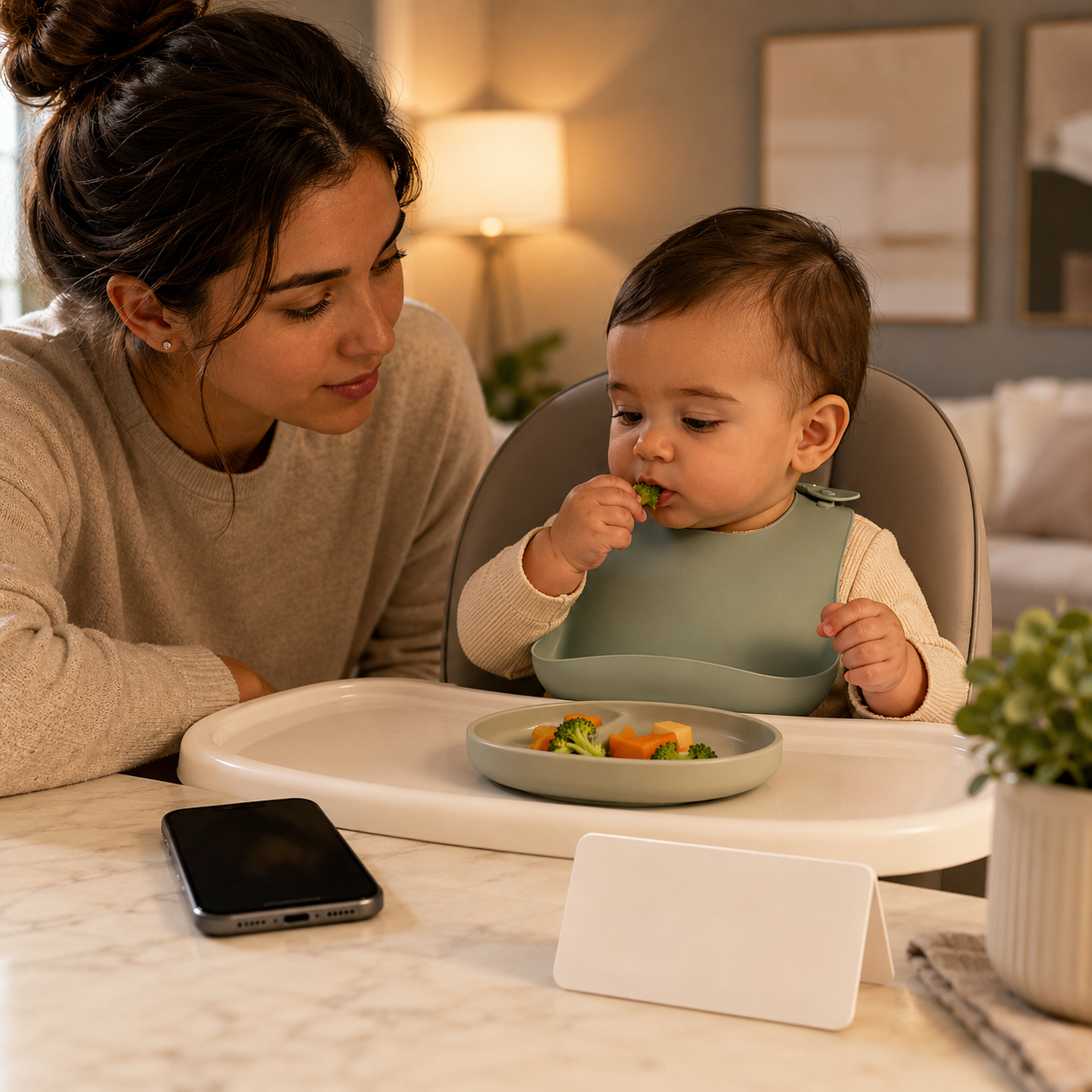 cinematic 3D safer infant feeding routine scene showing upright high chair calm counter phone away and attentive caregiver close by