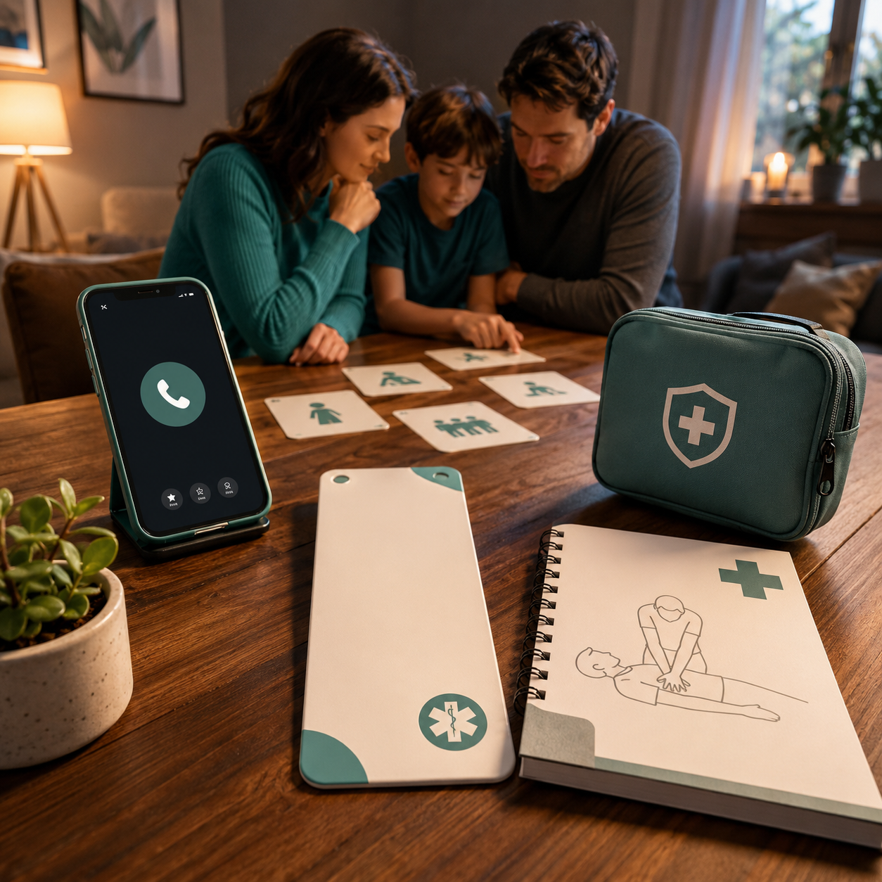 cinematic 3D family home second-line backup boundary scene showing first aid guide 911 card storage pouch and manual rescue first message without showing a Fitiger device body