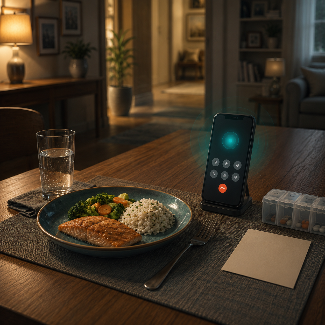 cinematic 3D senior emergency phone access setup showing speaker mode 911 readiness near dining area