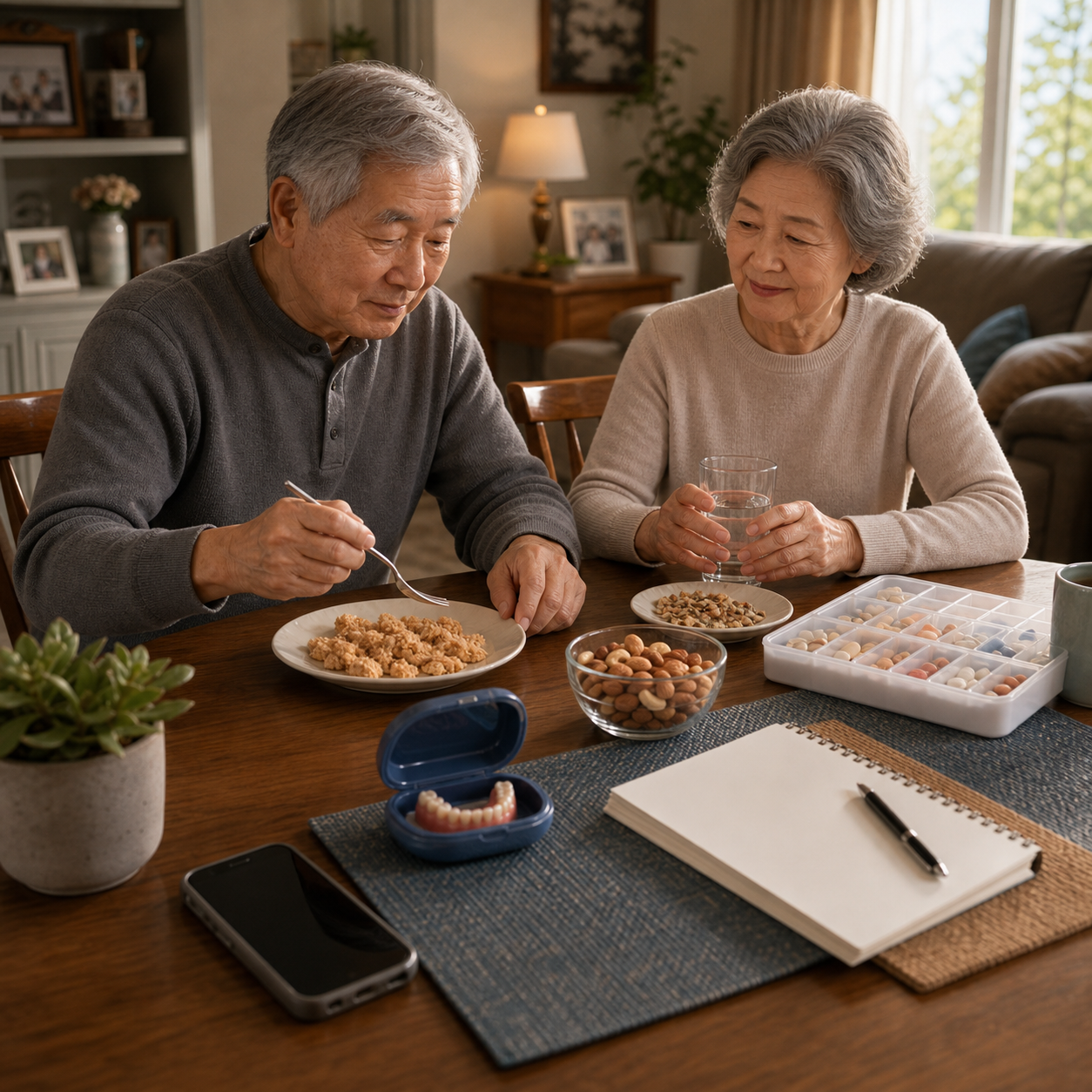 cinematic 3D senior choking risks at home cover showing calm dinner table dry food dentures pill organizer and caregiver readiness