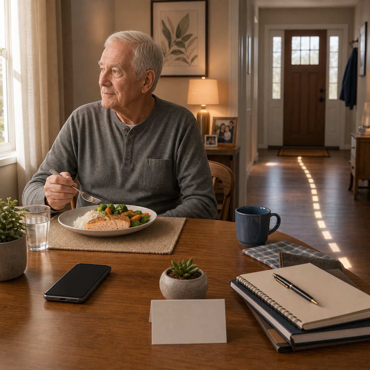 cinematic 3D older adult eating alone home readiness zone showing phone clear path dining setup and caregiver check-in plan