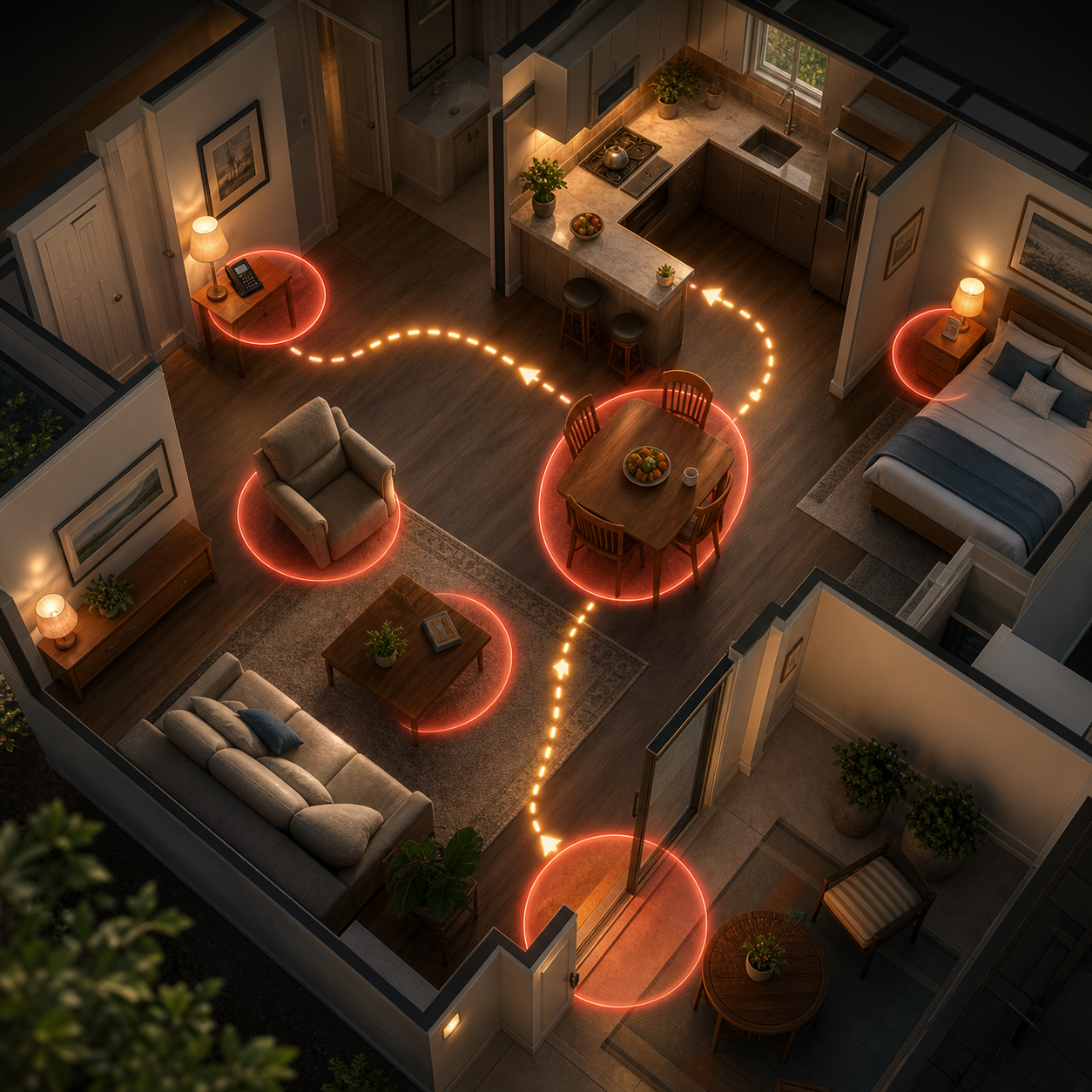 cinematic 3D senior home choking red zones map showing dining table recliner bedside pills patio and clear emergency access path
