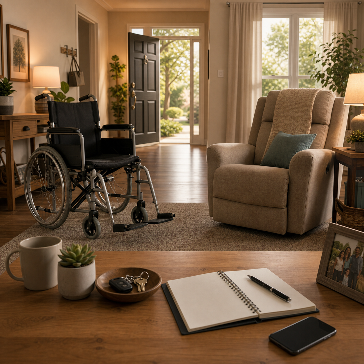cinematic 3D senior mobility choking response plan scene showing wheelchair recliner side access caregiver roles and clear floor space without distress imagery