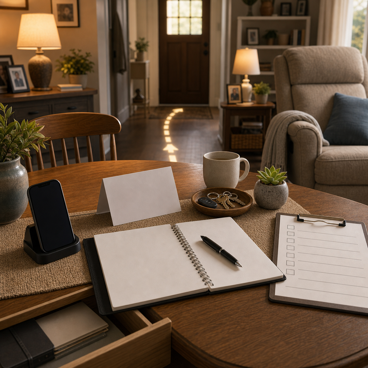 cinematic 3D senior home second-line backup readiness scene showing first aid guide emergency phone and protected storage without visible product body