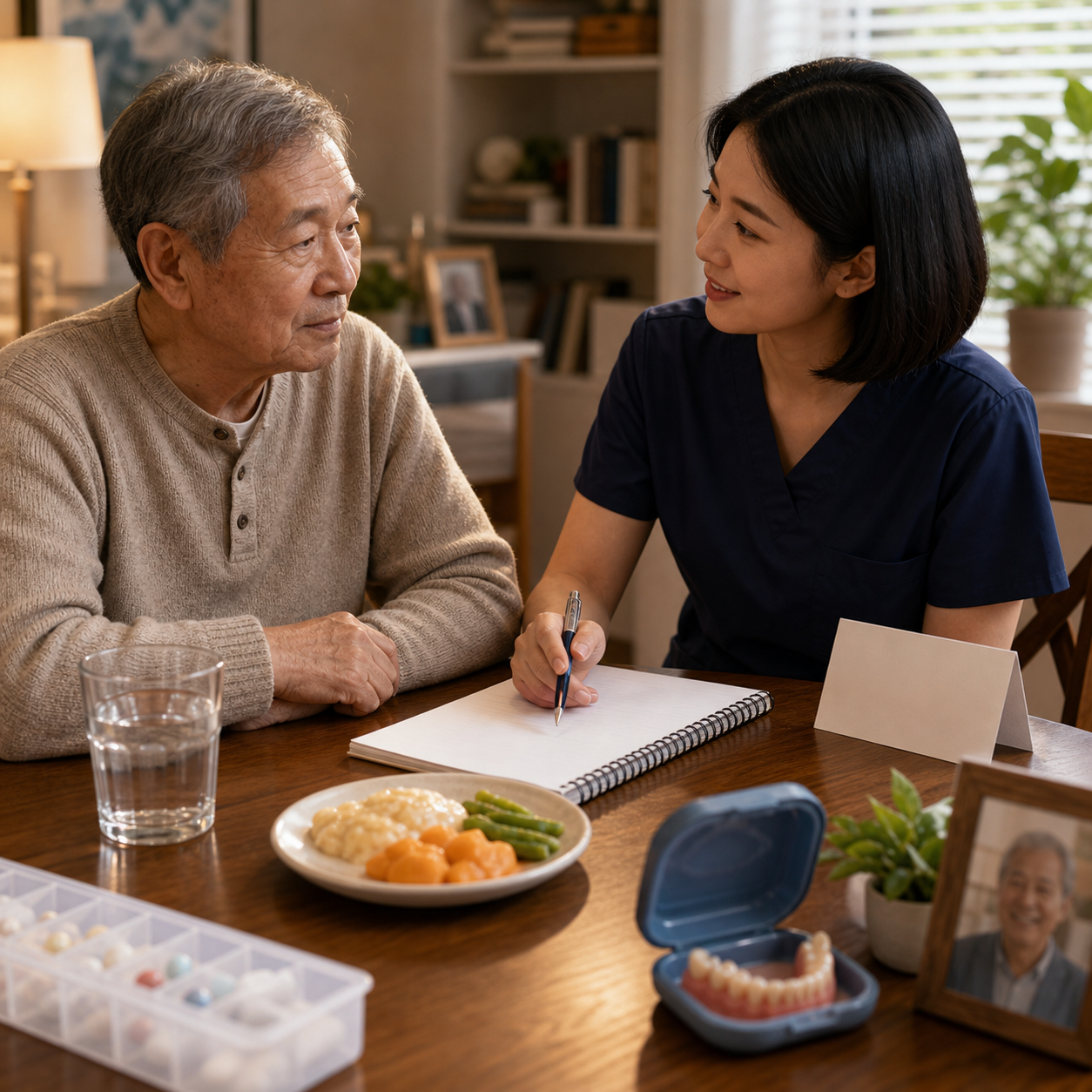 cinematic 3D senior swallowing warning patterns scene showing meal notes water glass dentures pill organizer and clinician follow-up card