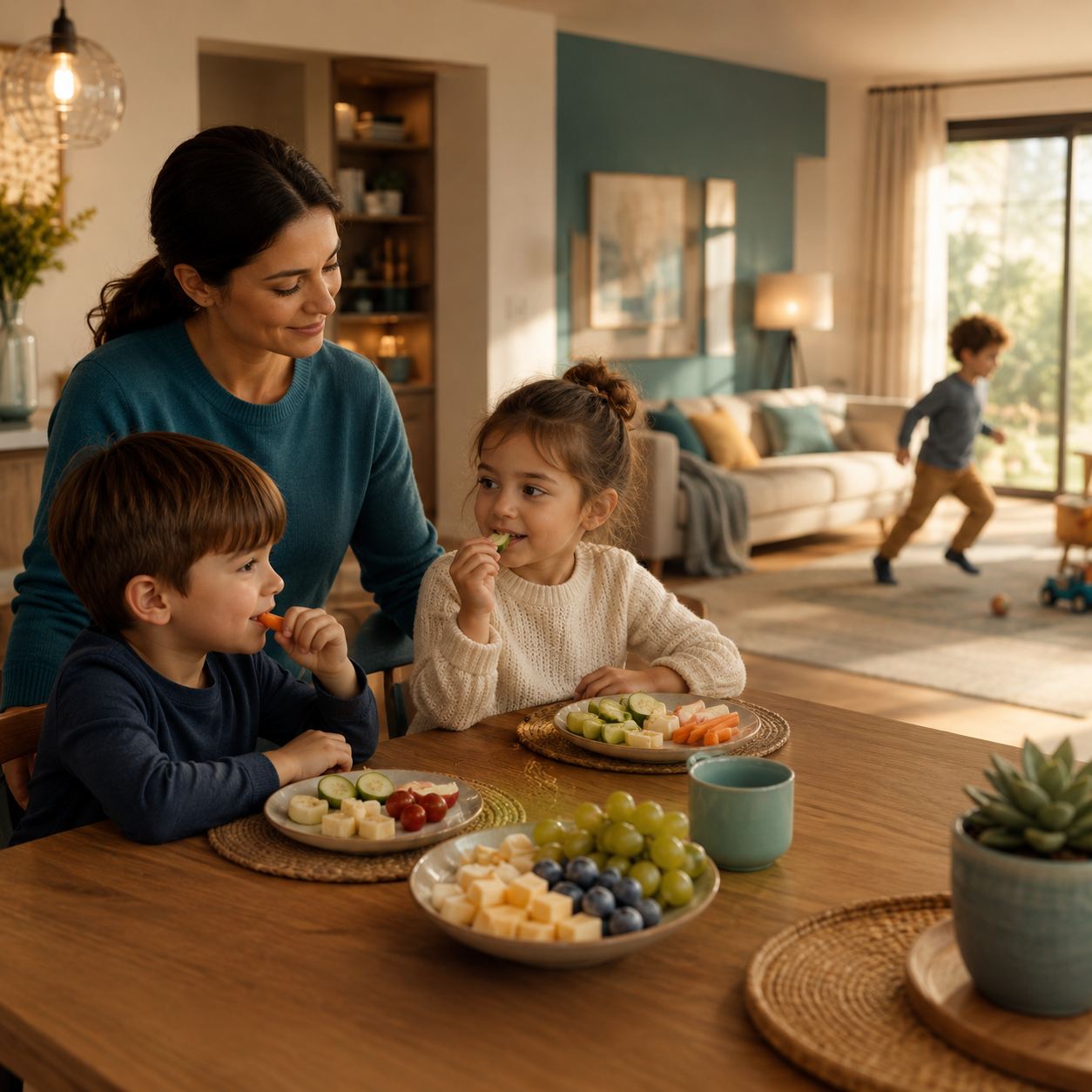 cinematic 3D simple family food rules for kids scene showing seated snacks no running with food and calm supervision in a bright home