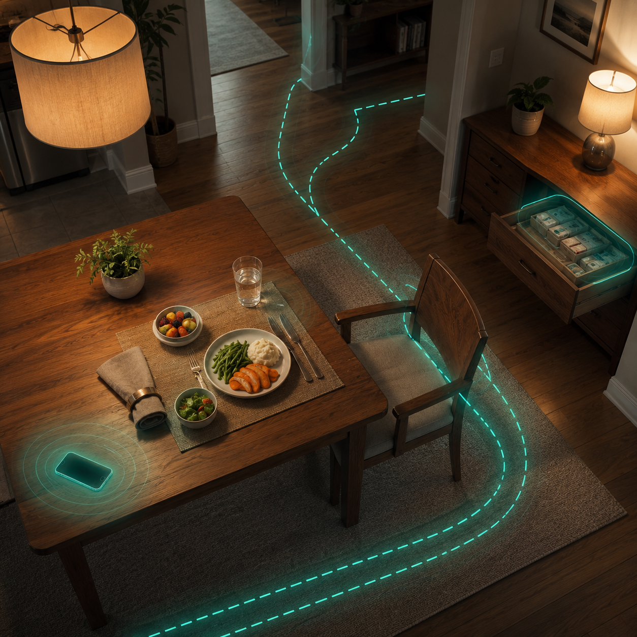 cinematic 3D solo senior dining setup risk map showing phone chair pathway and accessible emergency station