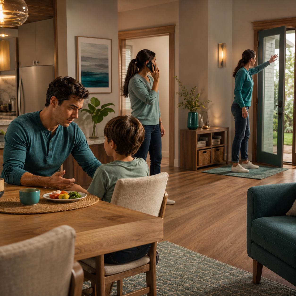 cinematic 3D three-role family choking response plan scene showing lead responder caller and EMS door guide roles in a home setting