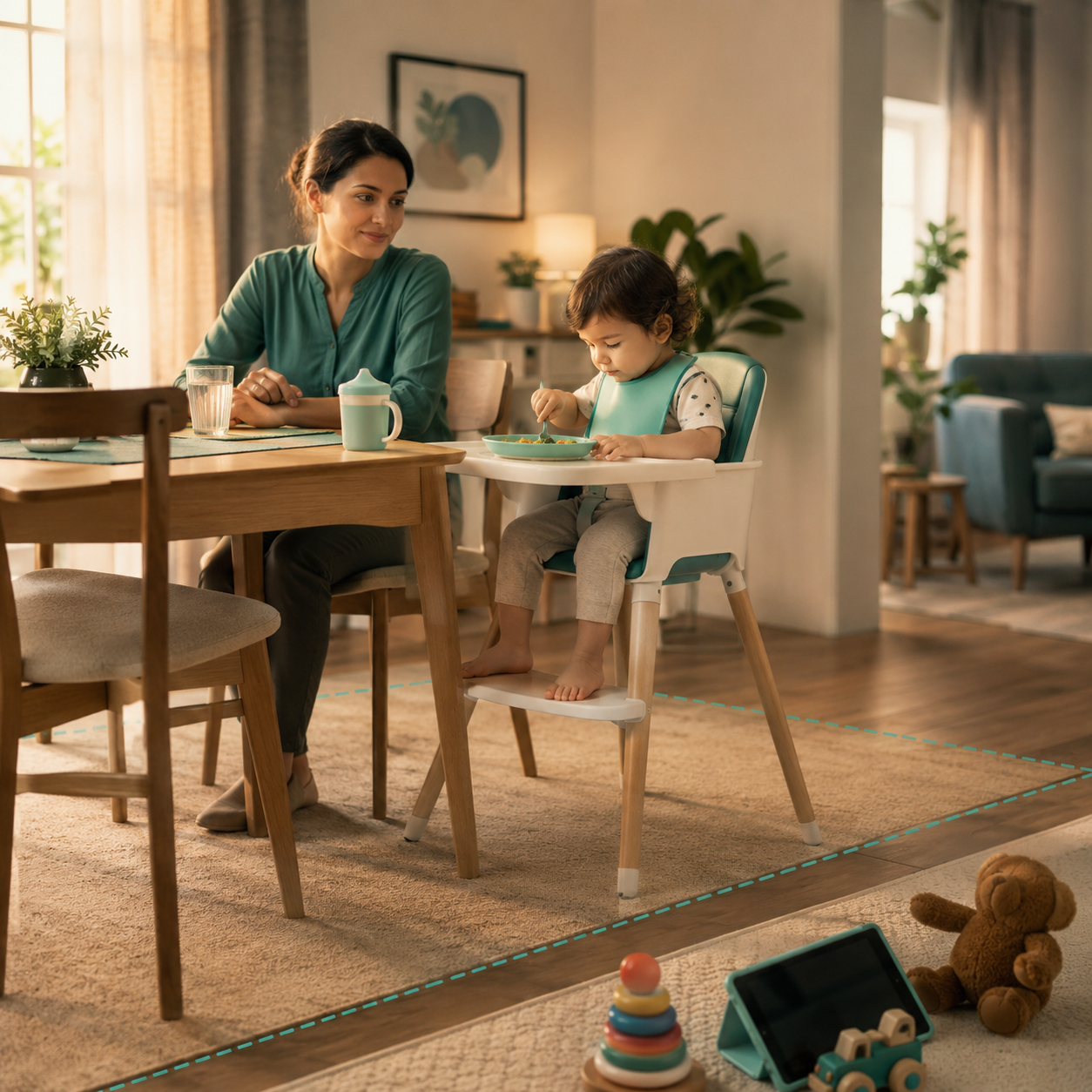 cinematic 3D toddler seated calm meal safety scene showing a high chair eating zone adult supervision and no running with snacks
