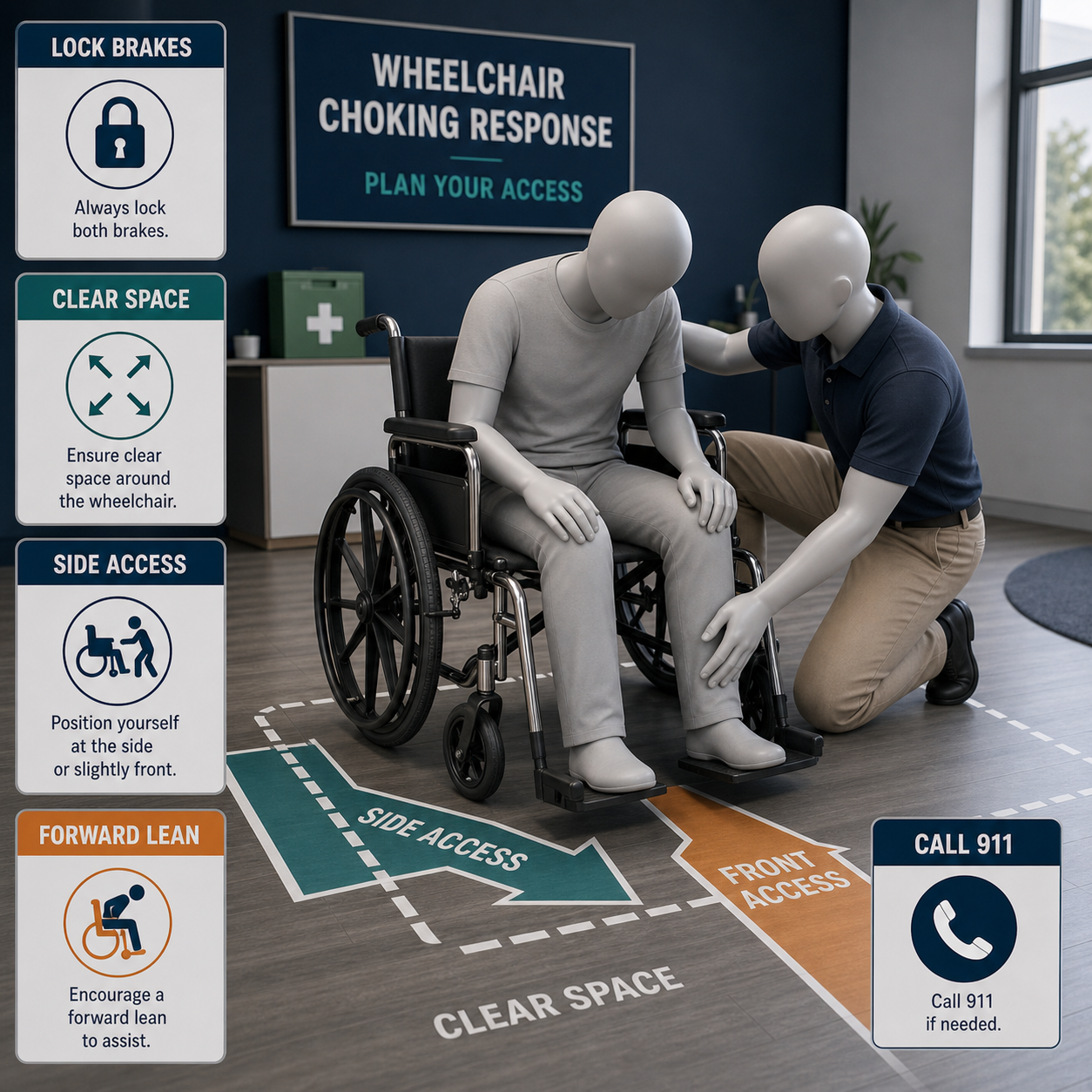 cinematic 3D wheelchair choking response access path with brakes armrests side approach and clear floor space