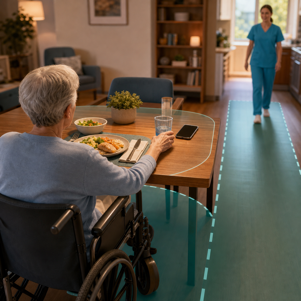cinematic 3D wheelchair choking risks at home cover showing dining position reach distance clear caregiver access and calm home readiness