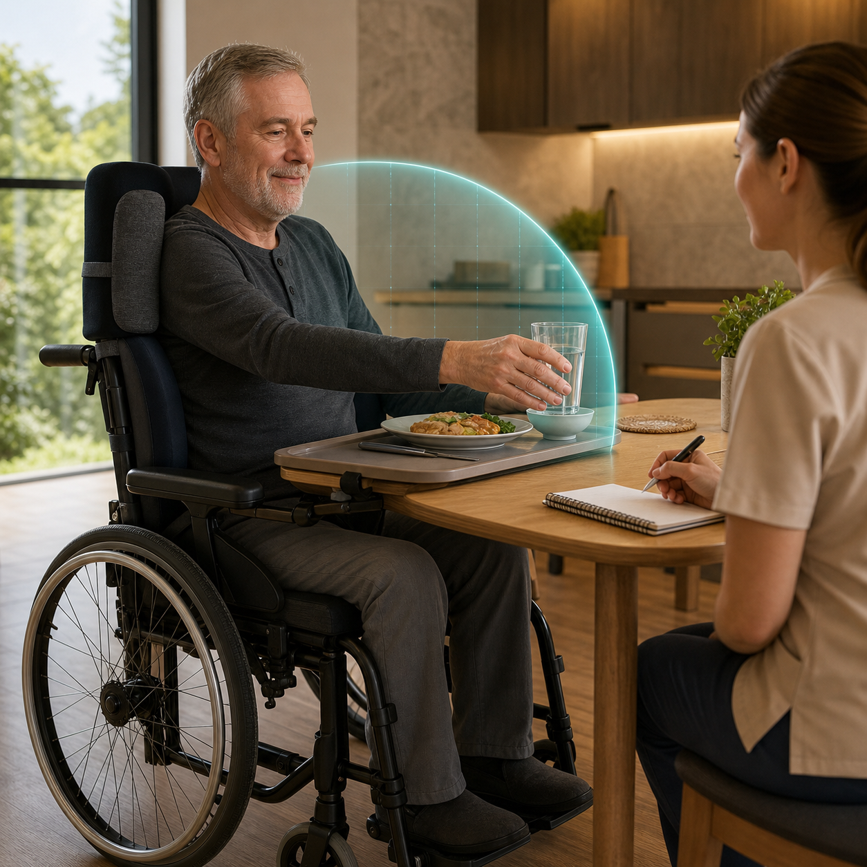 cinematic 3D wheelchair dining positioning scene showing table height posture reach zone and safe mealtime setup