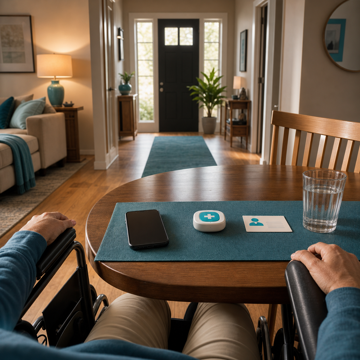 cinematic 3D home readiness path for wheelchair user showing clear floor route phone and emergency role card