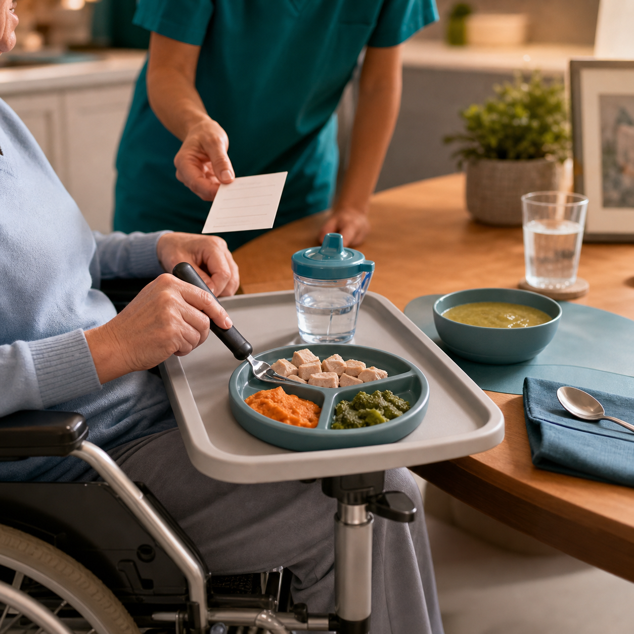 cinematic 3D wheelchair meal setup scene showing safer food texture preparation side table and caregiver handoff plan