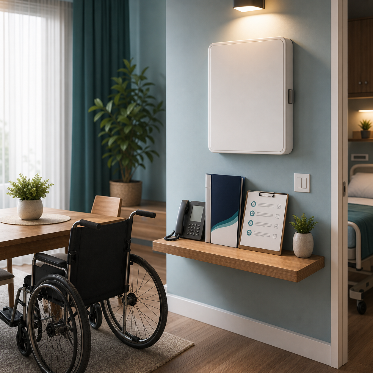 cinematic 3D wheelchair user second-line backup planning scene showing first aid guide storage pouch and caregiver checklist without product body
