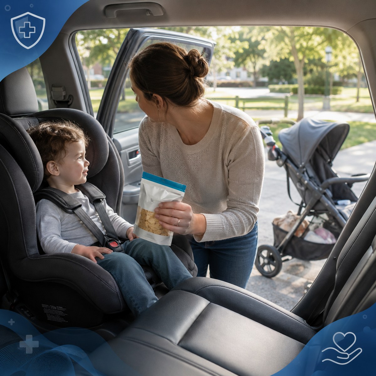 cinematic 3D car seat and stroller snack choking risk scene with parked vehicle caregiver visibility and safer snack pause plan