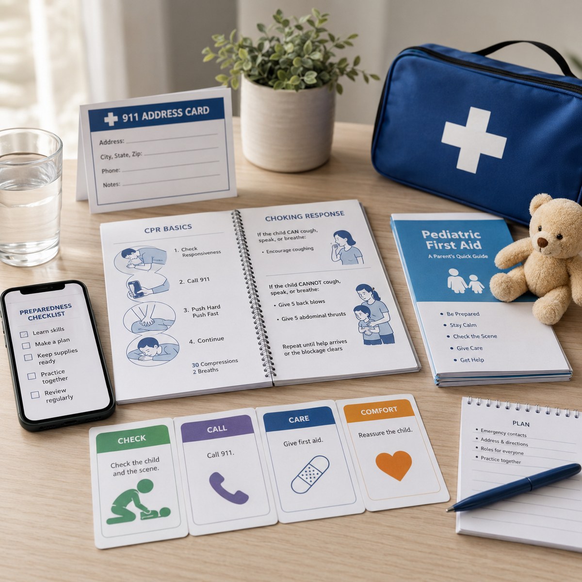 cinematic 3D child choking first aid readiness sequence scene with 911 card back blows abdominal thrusts and CPR training materials without distress