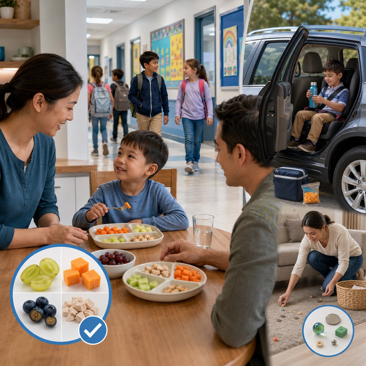 cinematic 3D child choking prevention behaviors cover showing seated eating home table school transition car snack and small object safety zones