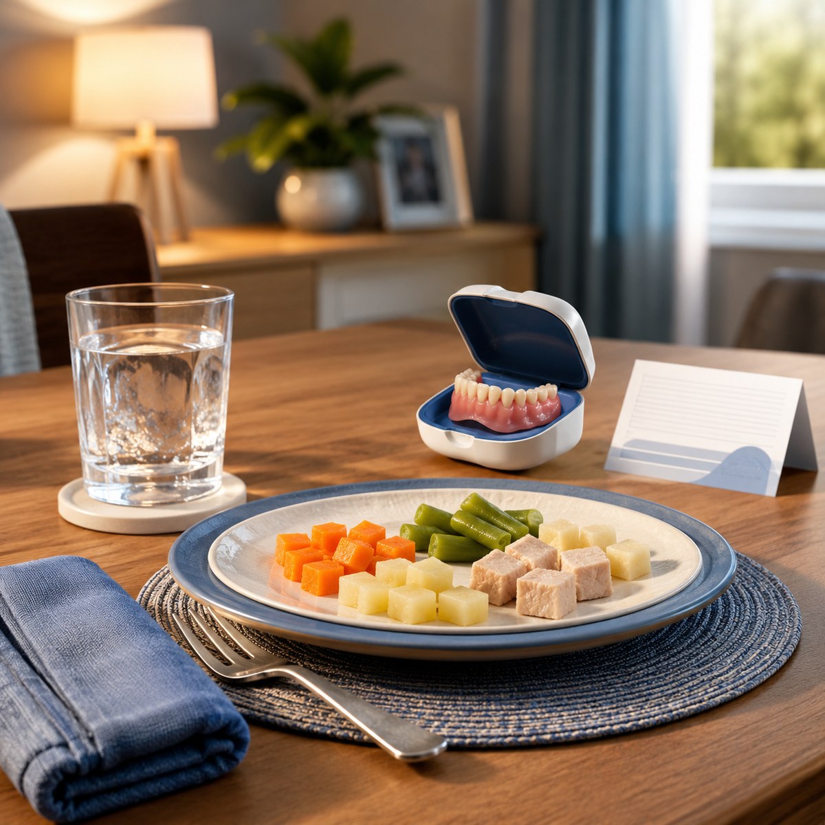 cinematic 3D denture and swallowing awareness scene with denture case moist soft food water glass and safer adult meal preparation