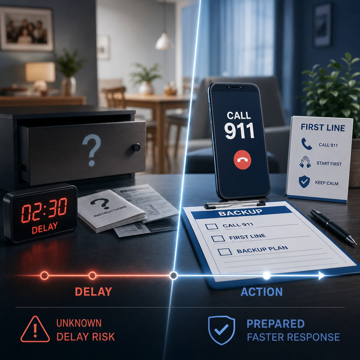 cinematic 3D device first delay choking response plan showing 911 first aid card distant drawer and second line backup timing