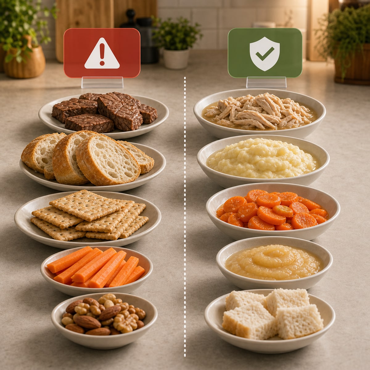 cinematic 3D dysphagia food texture comparison showing tough dry foods beside safer moist softened options for older adults