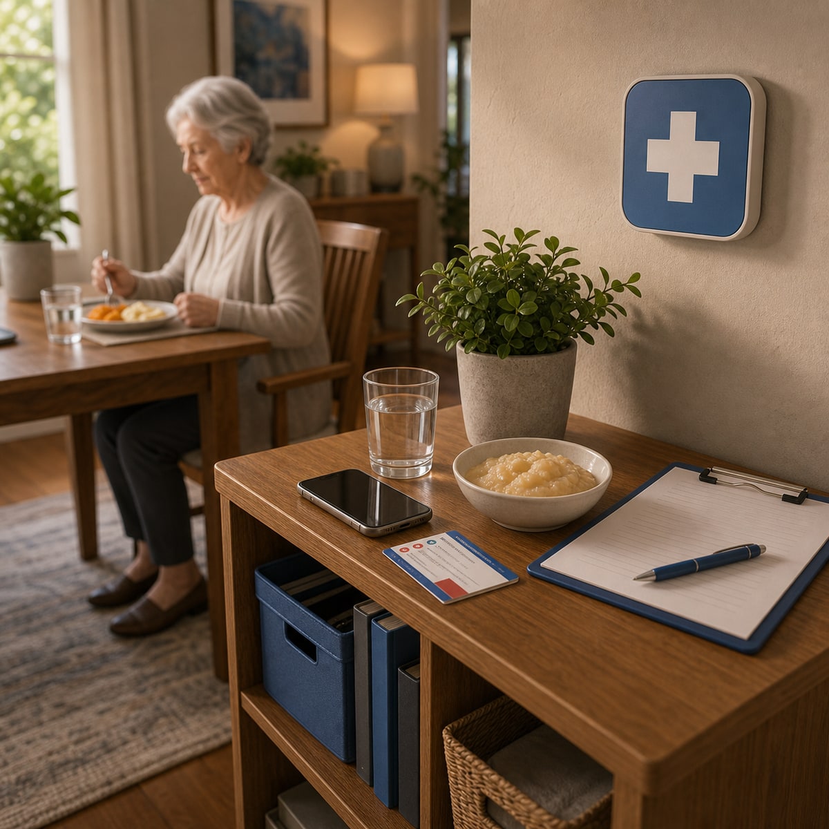 cinematic 3D home dining area readiness shelf with phone response card soft food and unbranded second-line backup pouch for dysphagia planning